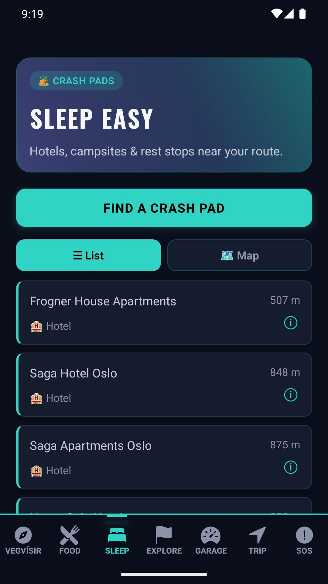 Crash Pads screen — hotels, campsites and rest stops nearby